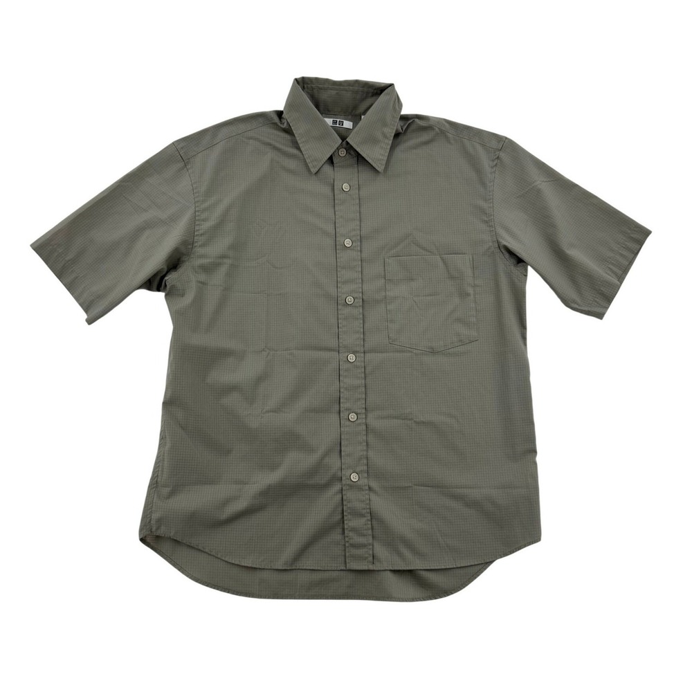 Uniqlo U Button Up Shirt Mens Small Olive Green Micro Check Short Sleeve